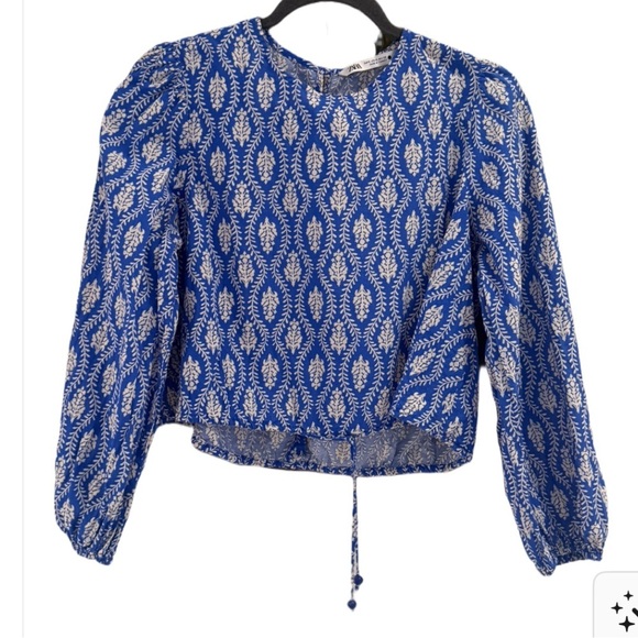 Zara Blue and Cream Leaf Print Top - Picture 6 of 6